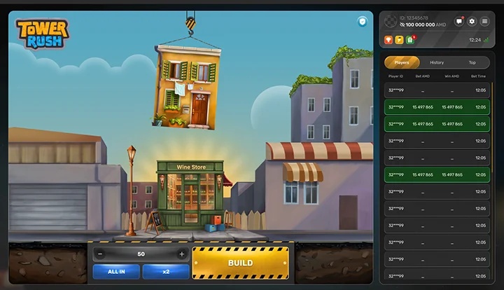 Игровой экран Tower Rush со ставкой 50 и кнопкой Build